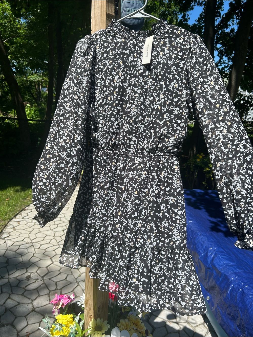 NWT FRANCESCA’S Mini Dress, Lined, Sheer Bell Sleeves, Smocked Waist, Neckline